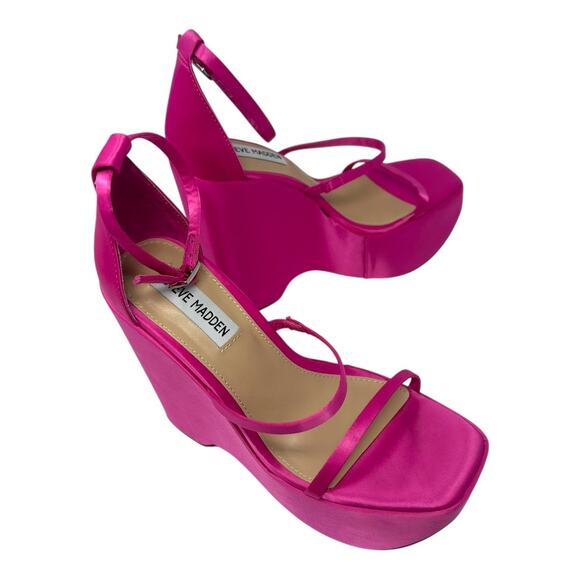 Steve Madden Pink Satin Strappy Platform Wedge Sandals Size 7 - Picture 6 of 9